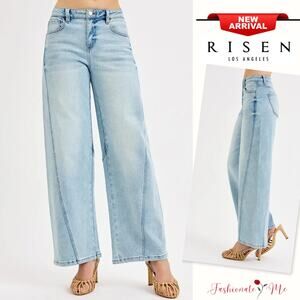 RISEN Mid Rise Waist Zipper Fly Stretch Light Blue Wash Barrel Leg Denim Jeans